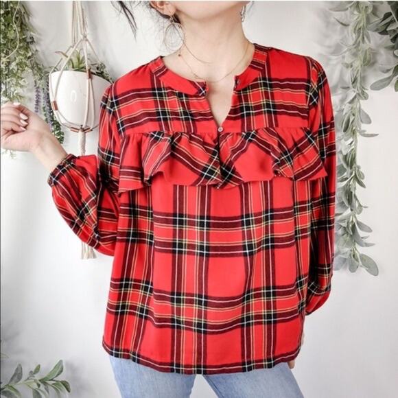 J. Crew Tartan Red Ruffle Blouse. - Picture 2 of 10